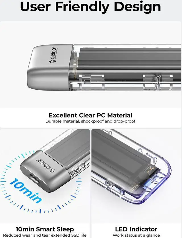 Alt view image 6 of 7 - ORICO M.2 NVMe SSD Enclosure, Tool-Free USB 3.2 Type-C 10Gbps to M.2 SSD Enclosure for NVMe M.2(M-Key/B+M-Key) SSD Support 2230/2242/2260/2280, Up to 4TB