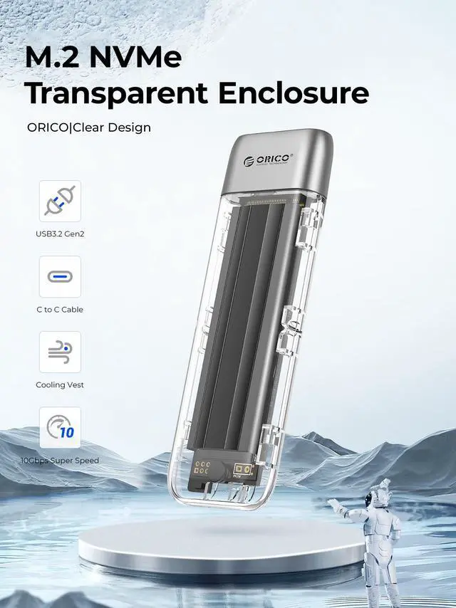 Alt view image 2 of 7 - ORICO M.2 NVMe SSD Enclosure, Tool-Free USB 3.2 Type-C 10Gbps to M.2 SSD Enclosure for NVMe M.2(M-Key/B+M-Key) SSD Support 2230/2242/2260/2280, Up to 4TB