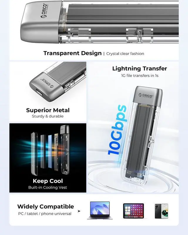 Alt view image 3 of 7 - ORICO M.2 NVMe SSD Enclosure, Tool-Free USB 3.2 Type-C 10Gbps to M.2 SSD Enclosure for NVMe M.2(M-Key/B+M-Key) SSD Support 2230/2242/2260/2280, Up to 4TB