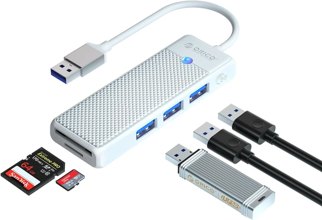 Main image of ORICO USB 3.0 Hub USB Adapter Port Extender SD/TF Card Reader PD100w Charging Port Compatible With PC Laptop 5Gbps hub White USB A 180cm