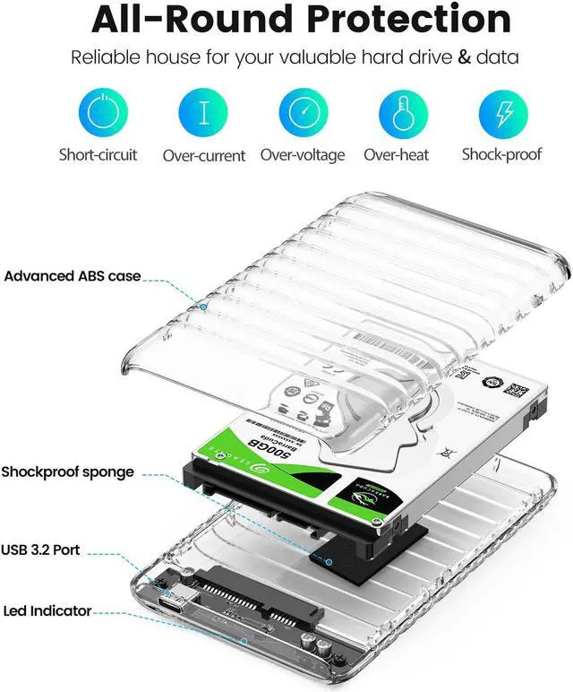 Alt view image 5 of 7 - 5 Packs ORICO 2.5'' External Hard Drive Enclosure USB 3.0 to SATA III Tool-Free Clear Hard Disk Case for 2.5 inch 7mm 9.5mm SATA HDD SSD Max 6TB Support UASP(2139U3) USB 3.1
