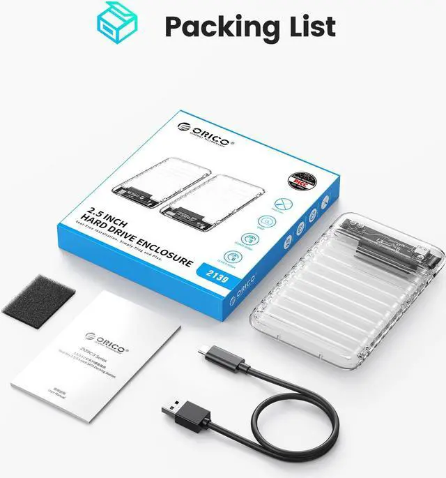 Alt view image 2 of 7 - 2 Packs ORICO 2.5'' External Hard Drive Enclosure USB 3.0 to SATA III Tool-Free Clear Hard Disk Case for 2.5 inch 7mm 9.5mm SATA HDD SSD Max 6TB Support UASP(2139U3) USB 3.1