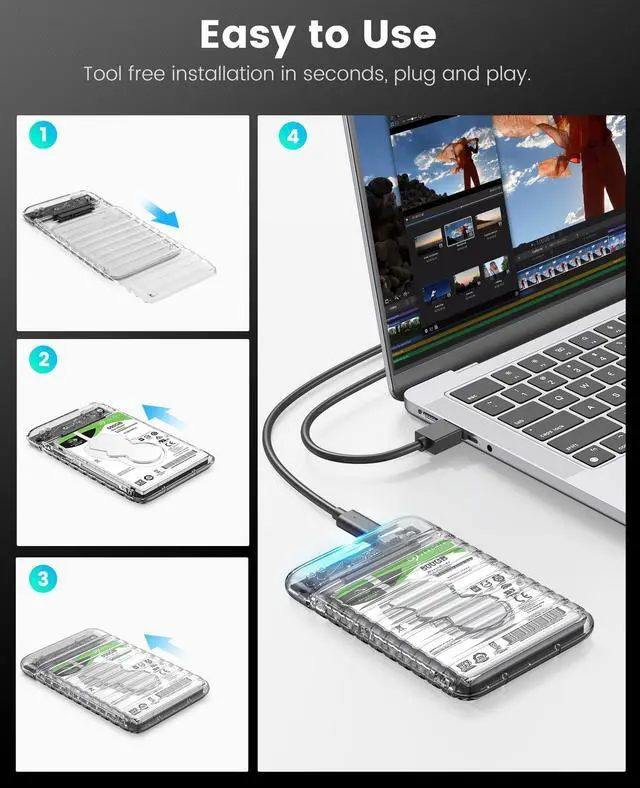 Alt view image 4 of 7 - 2 Packs ORICO 2.5'' External Hard Drive Enclosure USB 3.0 to SATA III Tool-Free Clear Hard Disk Case for 2.5 inch 7mm 9.5mm SATA HDD SSD Max 6TB Support UASP(2139U3) USB 3.1