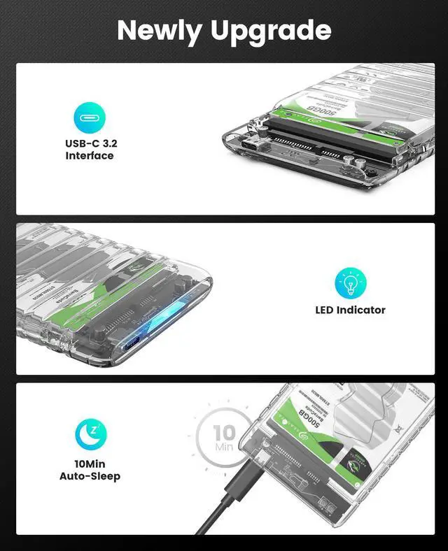 Alt view image 5 of 7 - 2 Packs ORICO 2.5'' External Hard Drive Enclosure USB 3.0 to SATA III Tool-Free Clear Hard Disk Case for 2.5 inch 7mm 9.5mm SATA HDD SSD Max 6TB Support UASP(2139U3) USB 3.1
