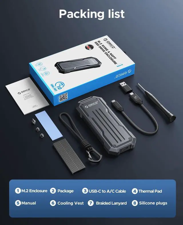 Alt view image 7 of 7 - ORICO M.2 NVME SSD Enclosure 10Gbps with Lanyard M.2 NVMe/SATA Dual Protocol Enclosure PCIe NVMe Adapter 4TB PCIe/NGFF B&M Key Case Shockproof & Drop-proof for Outdoor Travel (OXS)