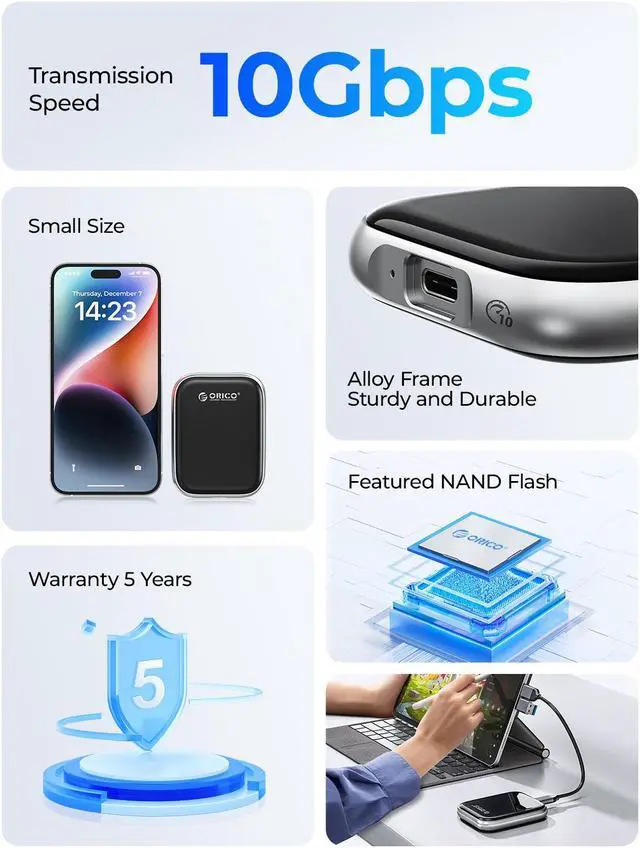 Alt view image 3 of 7 - ORICO Beetle 512GB External SSD USB 3.2 Gen2 Type C 10Gbps Solid State Drive - 1000MB/S Speed Portable SSD, Black