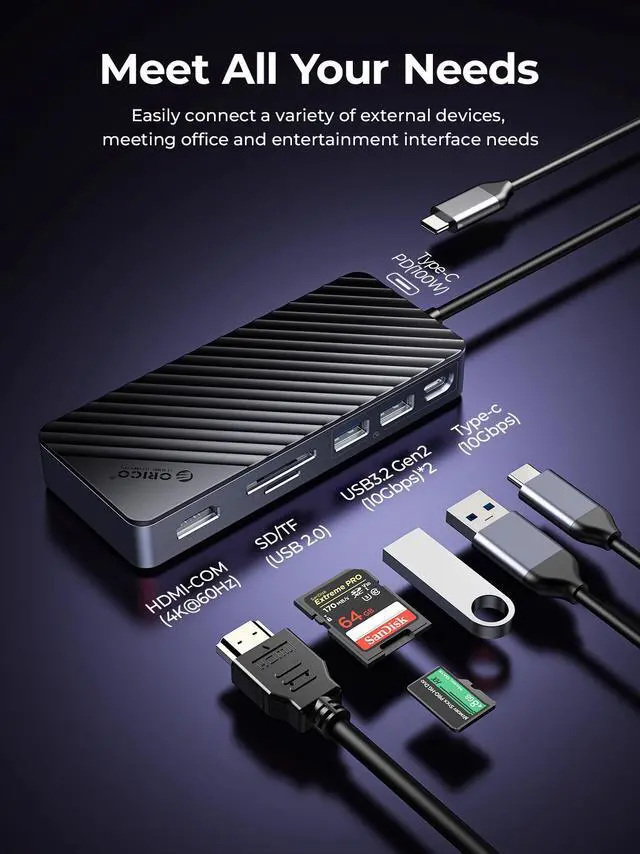 Alt view image 7 of 7 - ORICO USB C HUB with SSD Enclosure Laptop Docking Station with 4K 60Hz HDMI-Com 100W PD SD/TF 10Gbps M.2 NVME SATA SSD 8TB