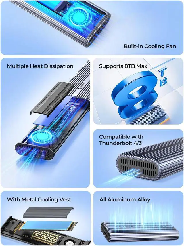 Alt view image 2 of 7 - ORICO M.2 NVMe SSD Enclosure - 40Gbps, Cooling Fan, Tool-Free Aluminum Adapter, Thunderbolt 4/3 & USB 4 Compatibility  Supports M Key Sizes 2280/2260/2242/2230