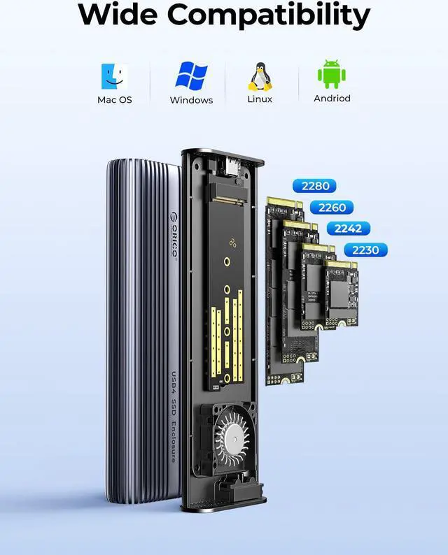 Alt view image 6 of 7 - ORICO M.2 NVMe SSD Enclosure - 40Gbps, Cooling Fan, Tool-Free Aluminum Adapter, Thunderbolt 4/3 & USB 4 Compatibility  Supports M Key Sizes 2280/2260/2242/2230
