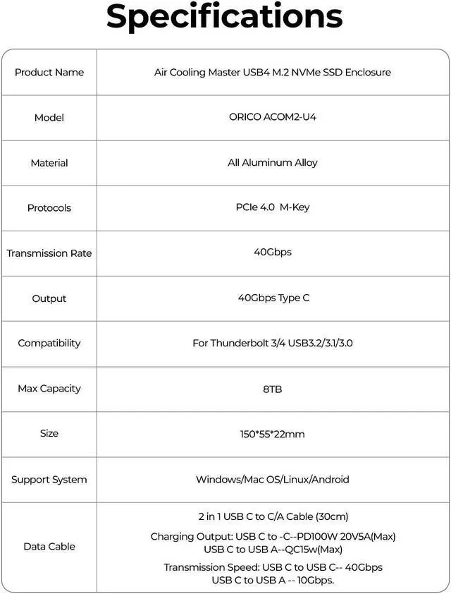 Alt view image 7 of 7 - ORICO M.2 NVMe SSD Enclosure - 40Gbps, Cooling Fan, Tool-Free Aluminum Adapter, Thunderbolt 4/3 & USB 4 Compatibility  Supports M Key Sizes 2280/2260/2242/2230