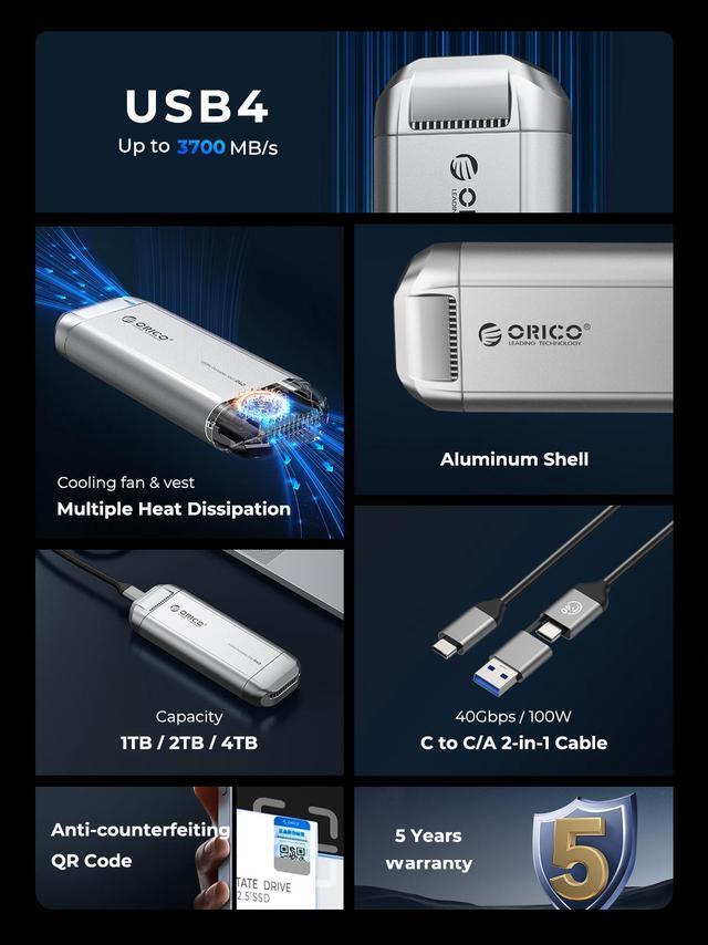 Alt view image 3 of 7 - ORICO Silverstone Portable SSD 3700MB/s External Solid State Drive 1TB Type- C Aluminum Alloy PSSD Built-in Cooling Fan