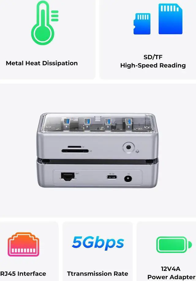 Alt view image 3 of 7 - ORICO Metallic Powered USB HUB 4x USB3.1 5Gbps High Speed Transmission 4 USB3.0 Ports with RJ45(1000MB/s) 3.5mm Audio TF/SD Card Reader Simultaneous Expansion Ports  For All Macbook Mac Mini