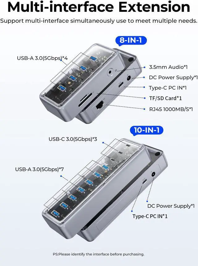 Alt view image 4 of 7 - ORICO Metallic Powered USB HUB 4x USB3.1 5Gbps High Speed Transmission 4 USB3.0 Ports with RJ45(1000MB/s) 3.5mm Audio TF/SD Card Reader Simultaneous Expansion Ports  For All Macbook Mac Mini