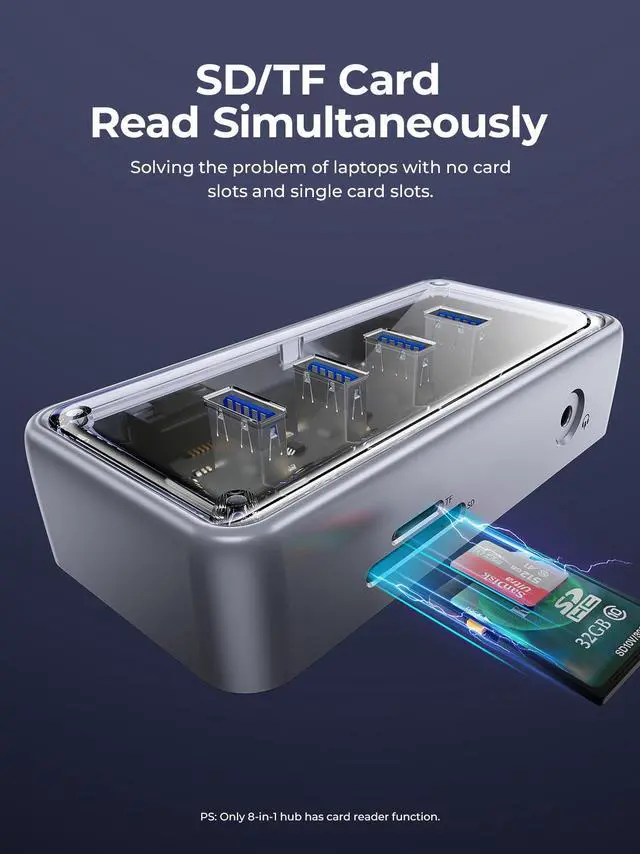 Alt view image 6 of 7 - ORICO Metallic Powered USB HUB 4x USB3.1 5Gbps High Speed Transmission 4 USB3.0 Ports with RJ45(1000MB/s) 3.5mm Audio TF/SD Card Reader Simultaneous Expansion Ports  For All Macbook Mac Mini