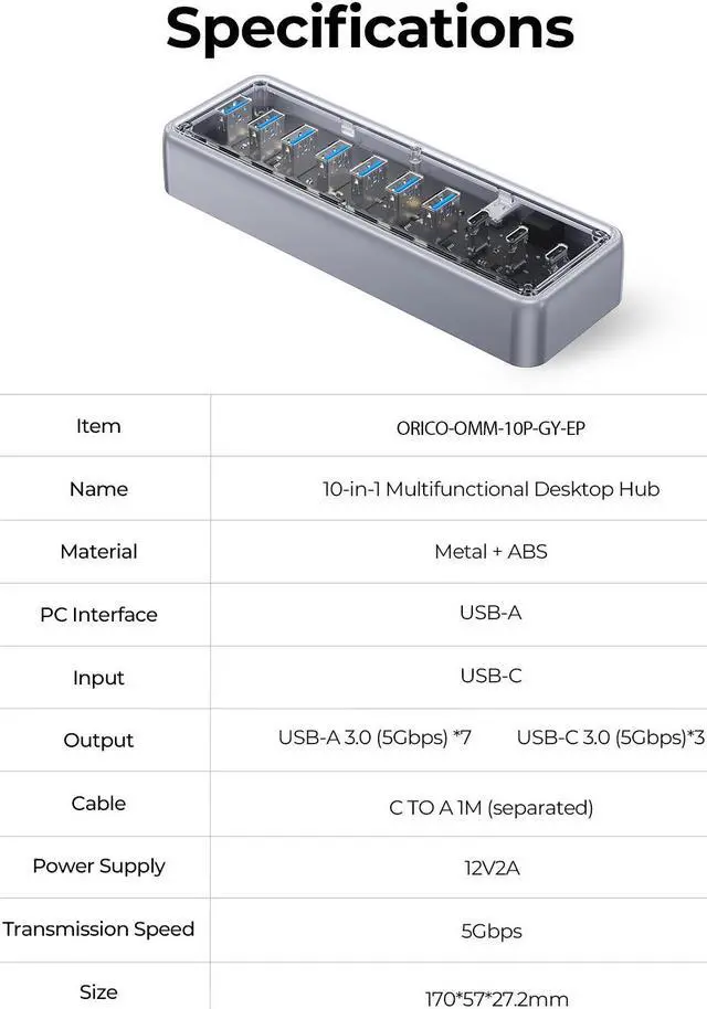 Alt view image 6 of 6 - ORICO Metallic Powered USB HUB USB3.1 5Gbps High Speed Transmission 7 USB3.0 Ports 3 USB C Expansion Ports For All Macbook Mac Mini