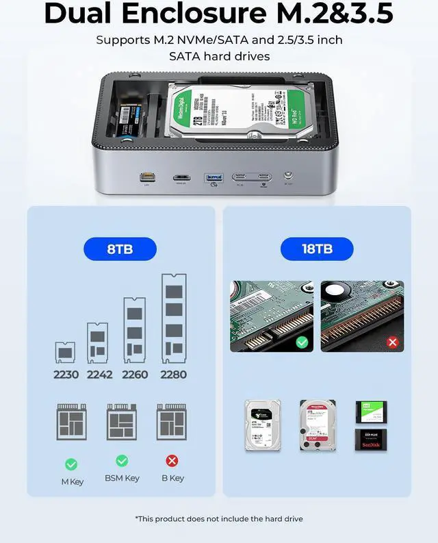 Alt view image 3 of 7 - ORICO USB-C Hub with Dual Hard Drive Enclosure, 12-in-1 USB C Docking Station Fits M.2 NVMe/SATA SSD and 2.5/3.5 inch SSD, 10Gbps, 4K@60Hz HDMI, 100W PD, Ethernet, Card Readers 100MB/s - D35M2