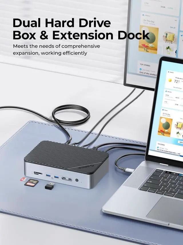 Alt view image 4 of 7 - ORICO USB-C Hub with Dual Hard Drive Enclosure, 12-in-1 USB C Docking Station Fits M.2 NVMe/SATA SSD and 2.5/3.5 inch SSD, 10Gbps, 4K@60Hz HDMI, 100W PD, Ethernet, Card Readers 100MB/s - D35M2