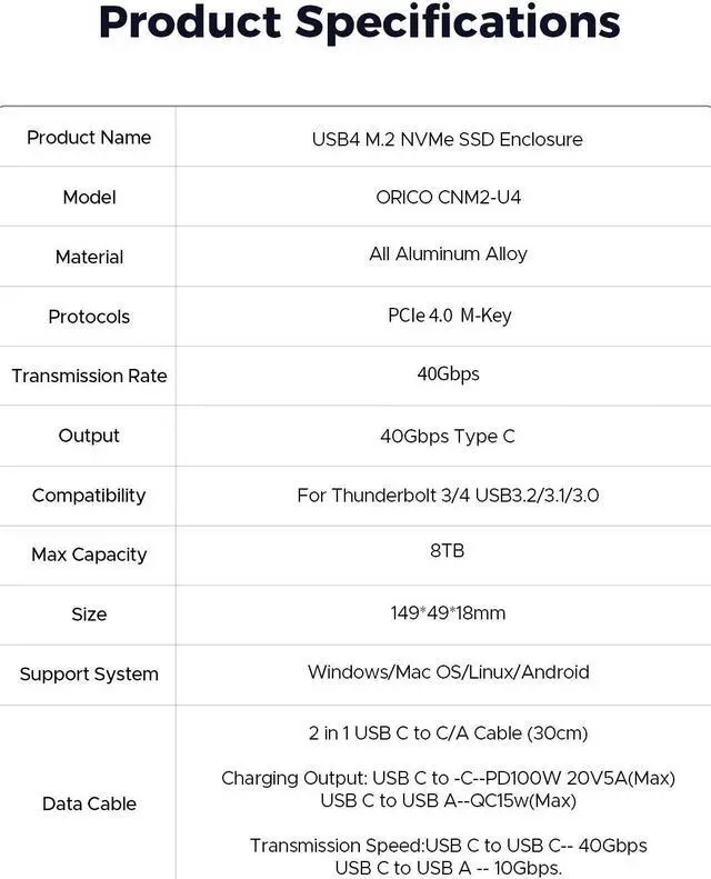 Alt view image 5 of 7 - ORICO Aluminium 40Gbps M.2 NVMe SSD Enclosure with Cooling Fan, External SSD Enclosure M.2 SSD Case, Support 2230 2242 2260 2280(only M Key) Max 8TB, Compatible with Thunderbolt 3/4 USB4/3.2[]CNM2]