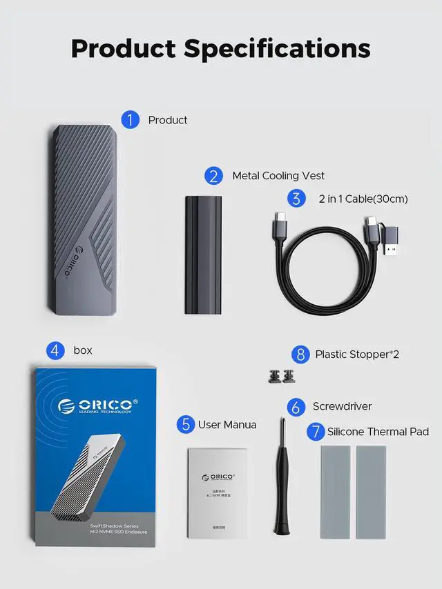 Alt view image 6 of 7 - ORICO Aluminium 40Gbps M.2 NVMe SSD Enclosure with Cooling Fan, External SSD Enclosure M.2 SSD Case, Support 2230 2242 2260 2280(only M Key) Max 8TB, Compatible with Thunderbolt 3/4 USB4/3.2[]CNM2]