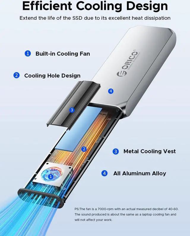 Alt view image 2 of 6 - ORICO Aluminium 40Gbps M.2 NVMe SSD Enclosure with Cooling Fan, Ideal for Content Creators, Support 2230 2242 2260 2280(only M Key) Max 8TB, Compatible with Thunderbolt 3/4 USB4/3.2