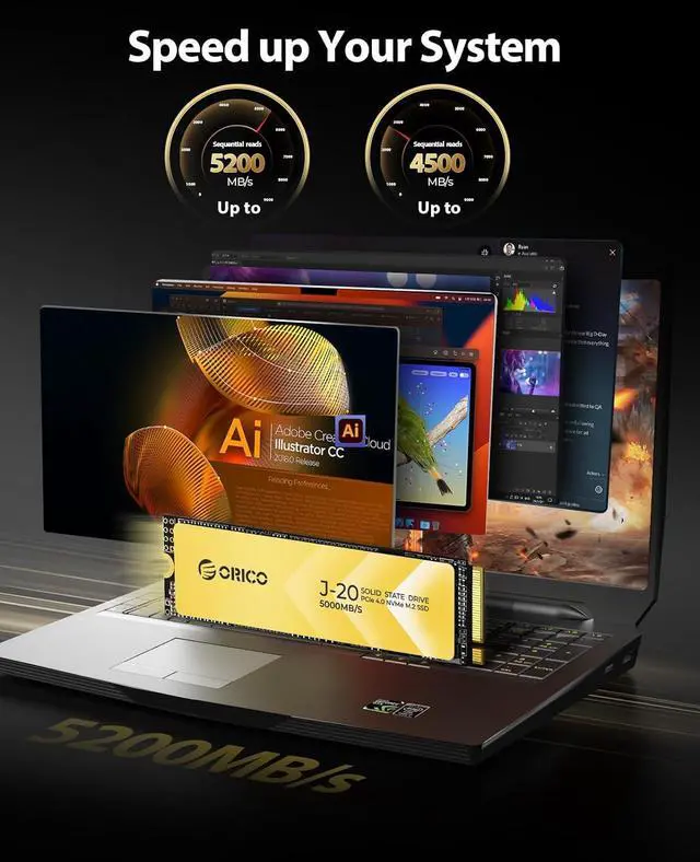 Alt view image 7 of 7 - ORICO 512GB NVMe SSD, M.2 NVMe SSD PCIe Gen4x4 2280, 3D NAND Internal Solid State Drive, Read Speed up to 5200 MB/s, Compatible with PS5, Storage for PC, Desktop and Laptops-J20