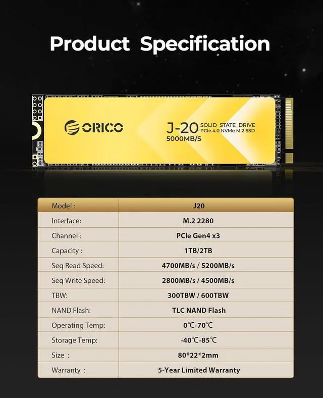 Alt view image 5 of 7 - ORICO 512GB NVMe SSD, M.2 NVMe SSD PCIe Gen4x4 2280, 3D NAND Internal Solid State Drive, Read Speed up to 5200 MB/s, Compatible with PS5, Storage for PC, Desktop and Laptops-J20