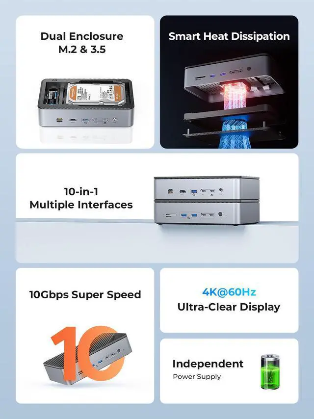 Alt view image 6 of 7 - ORICO M.2 3.5/2.5" Dual HDD/SSD Enclosure USB C HUB 10 in 1 Multifunction Docking Station with PD100W Type C USB A HDMI RJ45 SD/TF NVME SATA Port for Professional Creators (D35M2)