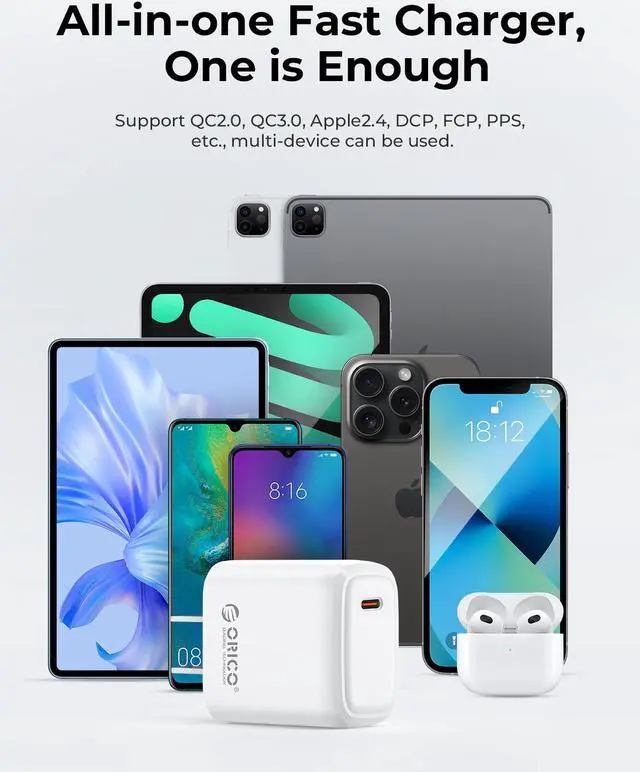 Alt view image 6 of 7 - ORICO PD20W Fast Charger USB C Charger Wall Plug Power Delivery QC3.0 Power Adapter Compatible for All Type C Mobile Phone With 1M Type C to Type C Cable