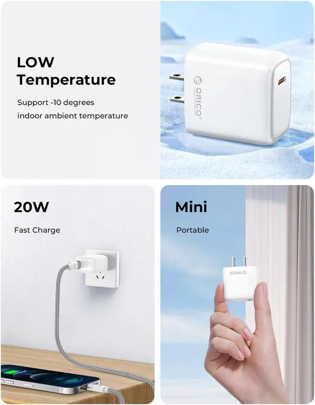 Alt view image 3 of 7 - ORICO PD20W Fast Charger USB C Charger Wall Plug Power Delivery QC3.0 Power Adapter Compatible for All Type C Mobile Phone With 1M Type C to Type C Cable