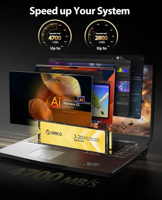 Alt view image 7 of 7 - ORICO 512B DIY Portable SSD - Up to 3200MB/s - USB-C, J20 512GB Gen 4.0 SSD with 40Gbps M.2 NVMe Enclousre, Compatible with Thunderbolt4/USB4 M.2 NVMe 40Gbps + 512GB SSD