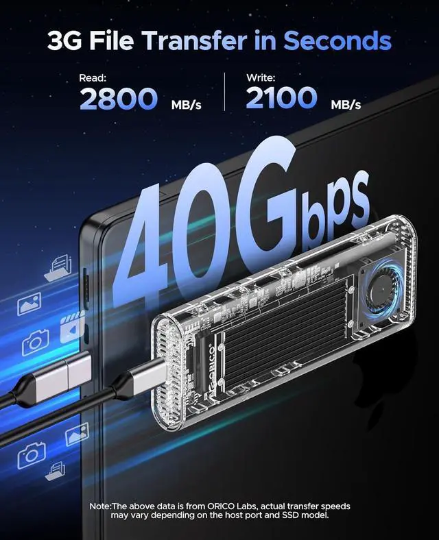 Alt view image 4 of 7 - ORICO 512B DIY Portable SSD - Up to 3200MB/s - USB-C, J20 512GB Gen 4.0 SSD with 40Gbps M.2 NVMe Enclousre, Compatible with Thunderbolt4/USB4 M.2 NVMe 40Gbps + 512GB SSD