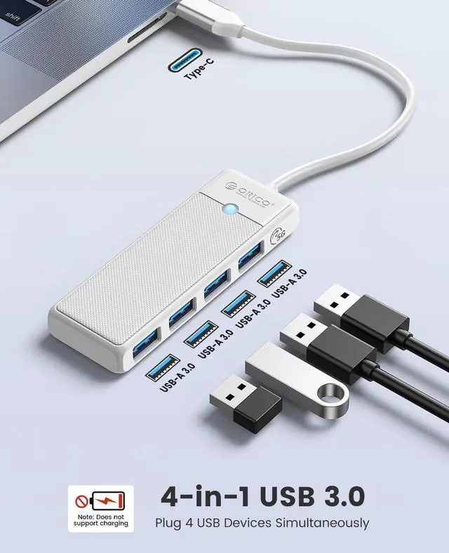 Alt view image 2 of 7 - ORICO Type C to 4-Port USB 3.0 Hub, Ultra-Slim Data USB Hub with 0.98ft Extended Cable for Windows,XP, Vista ,Windows, Linux and Mac Desktop or Laptop -Black White 4 USB 3.0 15cm USB C 1 Pack