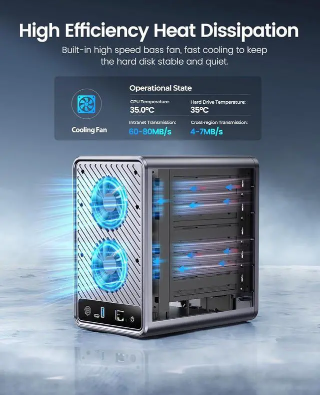 Alt view image 6 of 7 - ORICO NAS Metabox Private Cloud 5 Bay NAS Storage and Local Cloud, Networkable Enclosure with APP-Connected for Team/Family, Samba & DLNA Protocol, 4-Core CPU, 2GB RAM DDR4, Hardware RAID(Diskless)