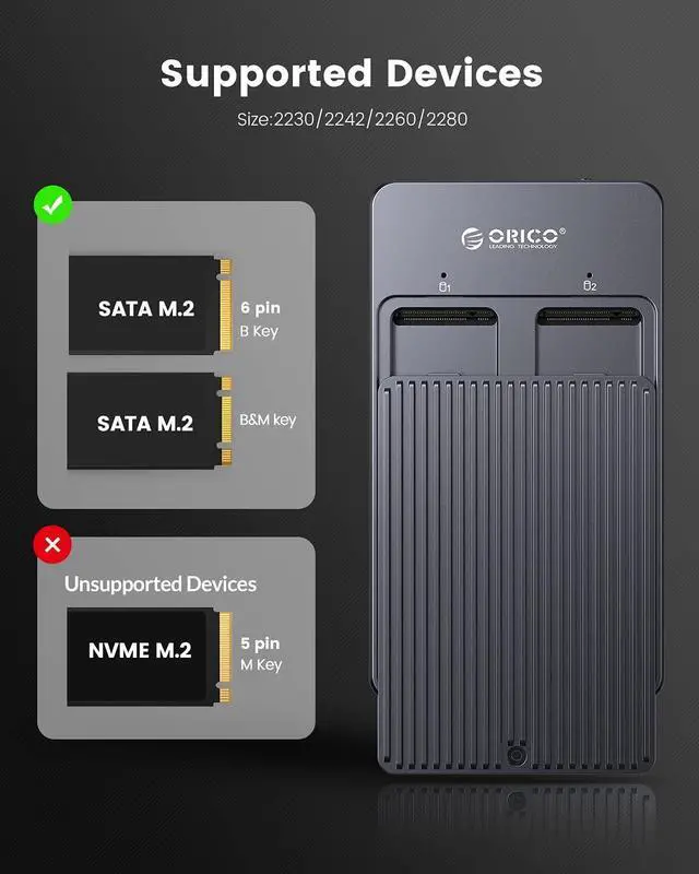 Alt view image 6 of 7 - ORICO Dual Bay M.2 SATA SSD Enclosure RAID with PM/Raid0/Raid1/JBOD Mode,USB3.1 Gen2 Type C 10Gbps B-Key/B+M Key Solid State Drive Case Adapter for SSD Size 2230/2242/2260/2280 Support UASP-M2N210
