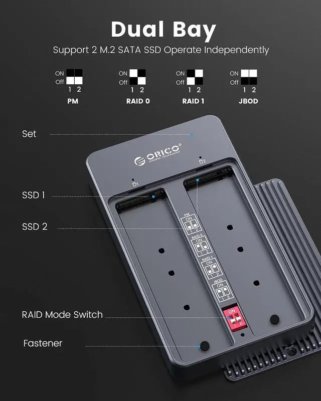 Alt view image 2 of 7 - ORICO Dual Bay M.2 SATA SSD Enclosure RAID with PM/Raid0/Raid1/JBOD Mode,USB3.1 Gen2 Type C 10Gbps B-Key/B+M Key Solid State Drive Case Adapter for SSD Size 2230/2242/2260/2280 Support UASP-M2N210