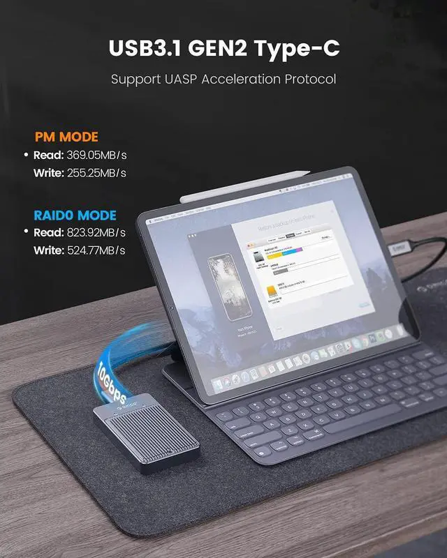 Alt view image 7 of 7 - ORICO Dual Bay M.2 SATA SSD Enclosure RAID with PM/Raid0/Raid1/JBOD Mode,USB3.1 Gen2 Type C 10Gbps B-Key/B+M Key Solid State Drive Case Adapter for SSD Size 2230/2242/2260/2280 Support UASP-M2N210