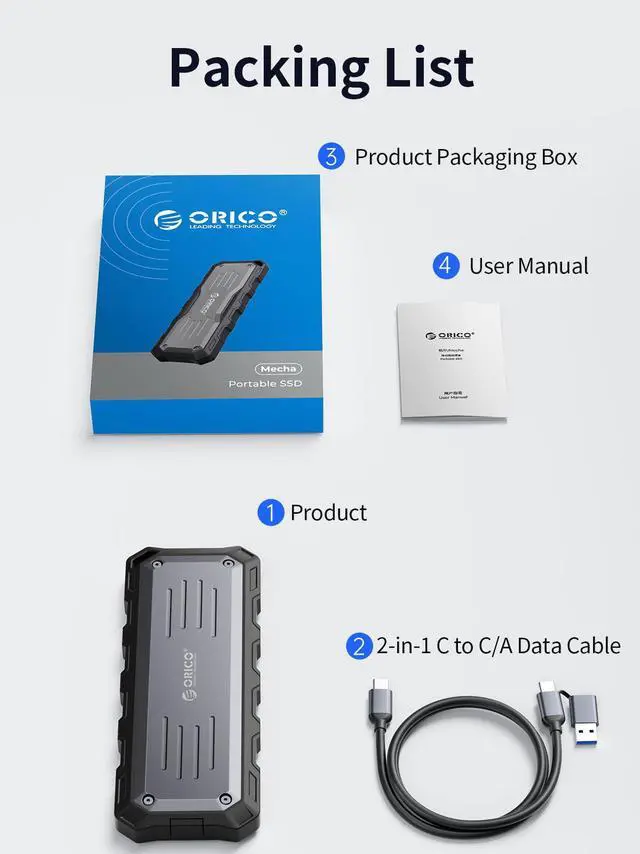 Alt view image 7 of 7 - ORICO Mecha Series Portable SSD 2000MB/s Solid State Drive 512GB 2-in-1 Data Cable Waterproo