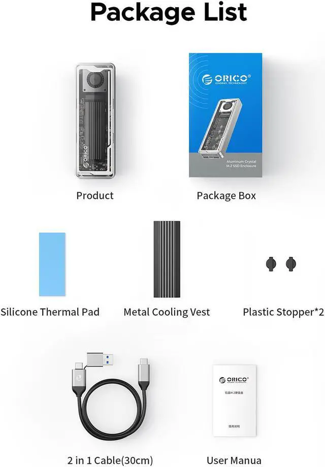 Alt view image 7 of 7 - ORICO 40Gbps M.2 NVMe SSD Enclosure with Cooling Fan, Tool-Free Installation Aluminum Crystal NVMe Case, Support 2280 M2 Solid State Drive, Compatible with Thunderbolt 3/4 USB4/3.2/3.1/3.0