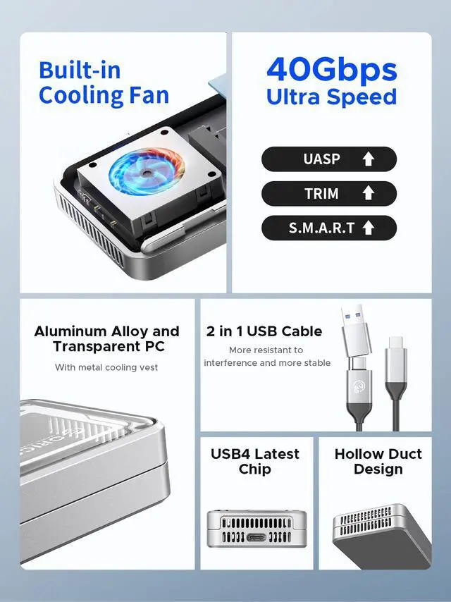 Alt view image 2 of 7 - ORICO 40Gbps M.2 NVMe SSD Enclosure with Cooling Fan, Tool-Free Installation Aluminum Crystal NVMe Case, Support 2280 M2 Solid State Drive, Compatible with Thunderbolt 3/4 USB4/3.2/3.1/3.0
