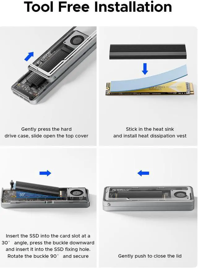 Alt view image 5 of 7 - ORICO 40Gbps M.2 NVMe SSD Enclosure with Cooling Fan, Tool-Free Installation Aluminum Crystal NVMe Case, Support 2280 M2 Solid State Drive, Compatible with Thunderbolt 3/4 USB4/3.2/3.1/3.0