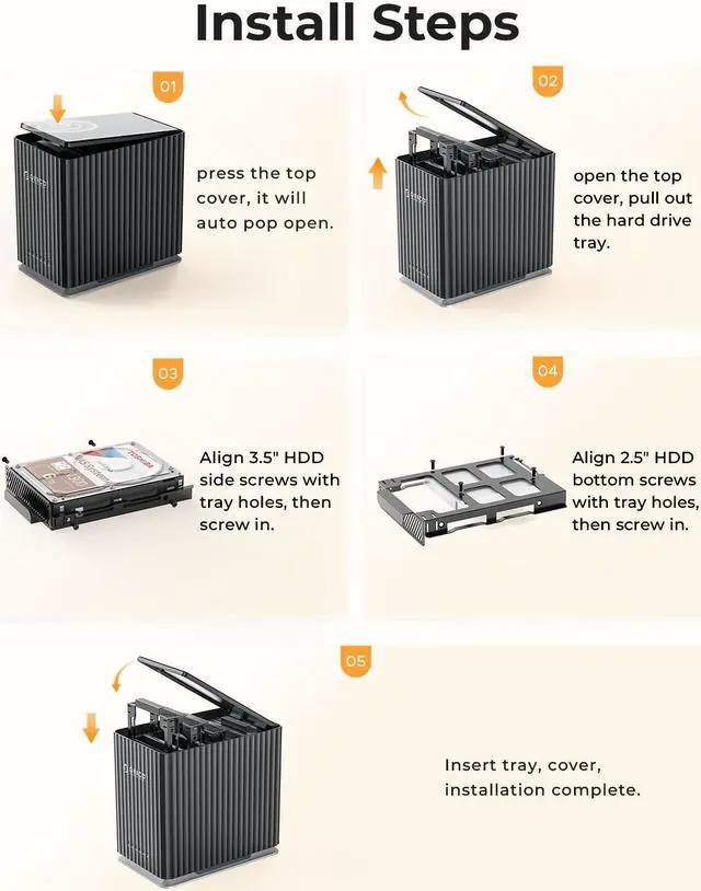 Alt view image 7 of 7 - ORICO 2 Bay External Hard Drive Enclosure Type-C 5Gbps Hard Drive Docking Station for 2.5/3.5" HDD SSD Support 44TB Storage expansion with Built-in Cooling Fan For Personal Users(9728)