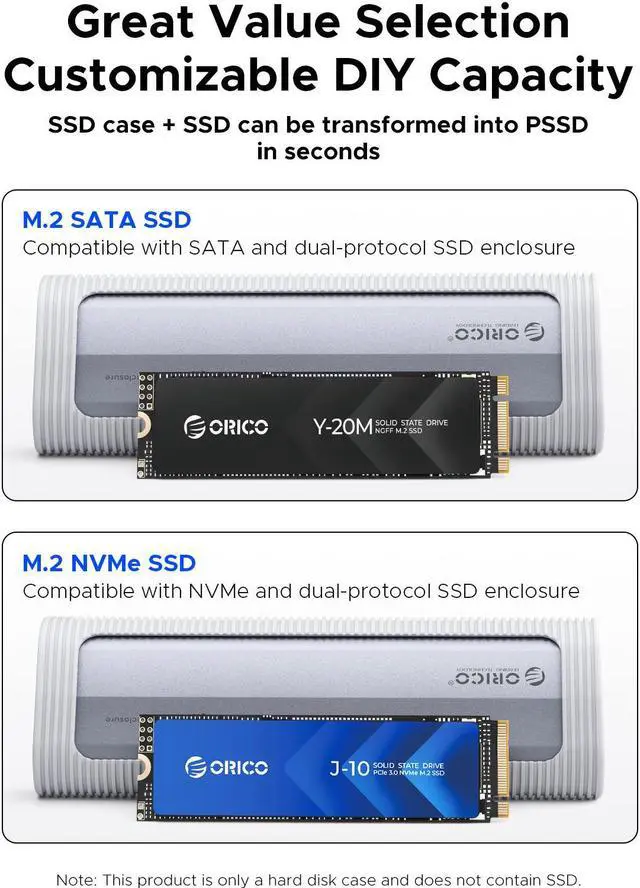 Alt view image 3 of 7 - ORICO M.2 NVMe SSD Enclosure Tool-Free USB External 10Gbps M.2 NVMe to USB Adapter Support UASP for PCIe NVMe SSD (AXM2)
