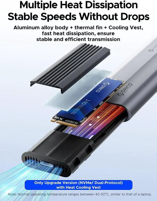 Alt view image 4 of 7 - ORICO M.2 NVMe SSD Enclosure Tool-Free USB External 10Gbps M.2 NVMe to USB Adapter Support UASP for PCIe NVMe SSD (AXM2)