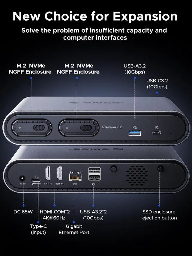 Alt view image 3 of 7 - ORICO Dual Bay M.2 SSD Enclosure Docking Station with HDMI@4K60HZ, 11-in-1 Expansion desktop aesthetic dock design PTM2)