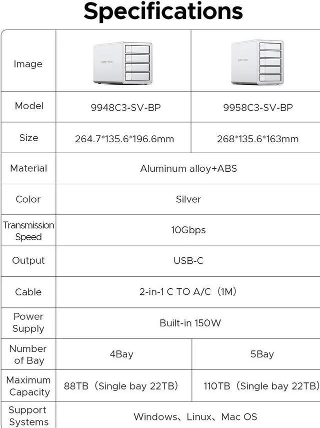 Alt view image 8 of 7 - ORICO 5 Bay DAS Hard Drive Enclosure Daisy Chain Type-C USB 3.1 Gen2 (10Gbp/s)  2.5/3.5 inch HDD SSD for Enterprise Class Data Storage Aluminum  (9958C3)