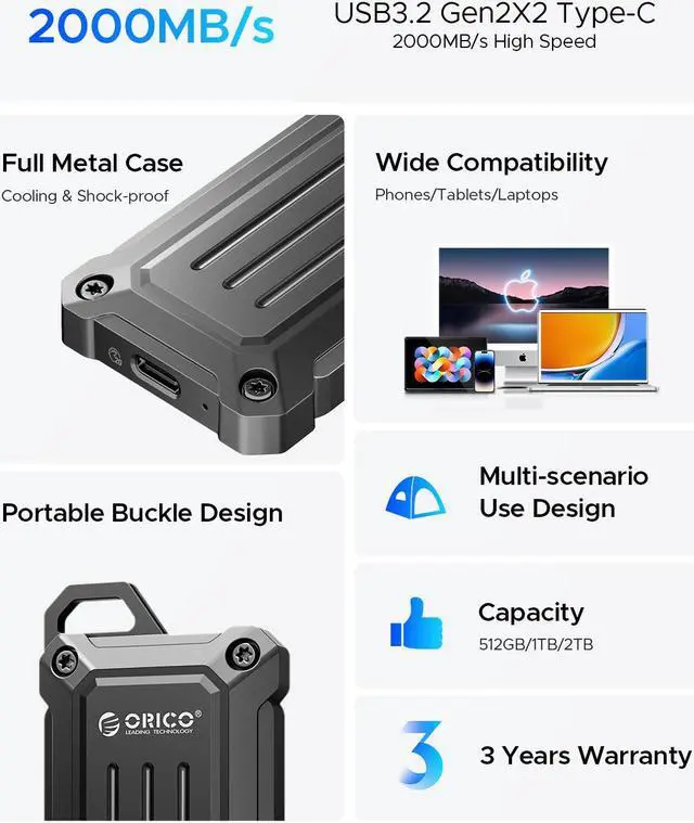 Alt view image 2 of 7 - ORICO 1TB Mini Portable External SSD 20Gbps,up to 2000MB/s,USB3.2 Gen2 Type- C Portable Solid State Drive for Outdoor,with 2-in-1 Cable