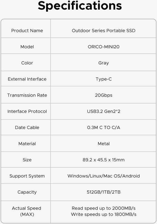 Alt view image 6 of 7 - ORICO 2TB Mini Portable External SSD 20Gbps,up to 2000MB/s,USB3.2 Gen2 Type- C Portable Solid State Drive for Outdoor