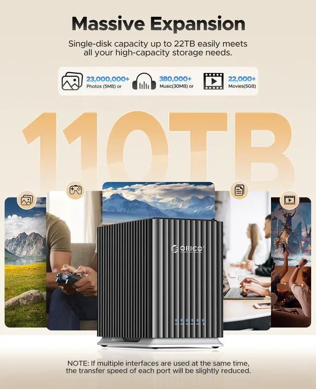 Alt view image 3 of 7 - ORICO 5-Bay Hard Drive Docking Station 5Gbps Type-C to SATA External Hard Drive Enclosure 3.5/2.5 inch SATA SSD HDD Dock,12V/10A Power Adapter,Support 22TB,Built-in Cooling Fan, for Home Data Manageme