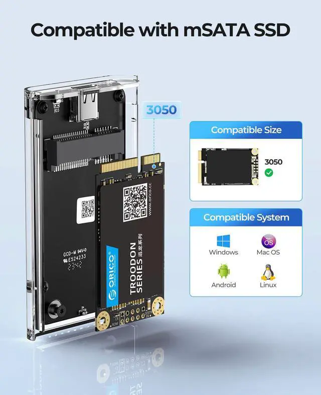 Alt view image 4 of 7 - ORICO 5Gbps mSATA Enclosure USB 3.0 mSATA SSD Enclosure Case Max 2TB- Tool-Free Transparent External USB3.0 to Mini SATA SSD Adapter with C to C Cable