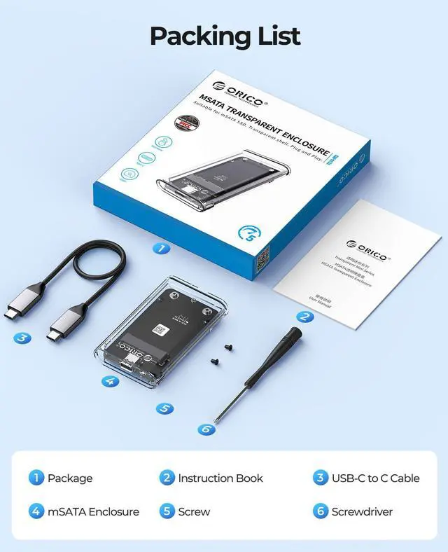Alt view image 7 of 7 - ORICO 5Gbps mSATA Enclosure USB 3.0 mSATA SSD Enclosure Case Max 2TB- Tool-Free Transparent External USB3.0 to Mini SATA SSD Adapter with C to C Cable